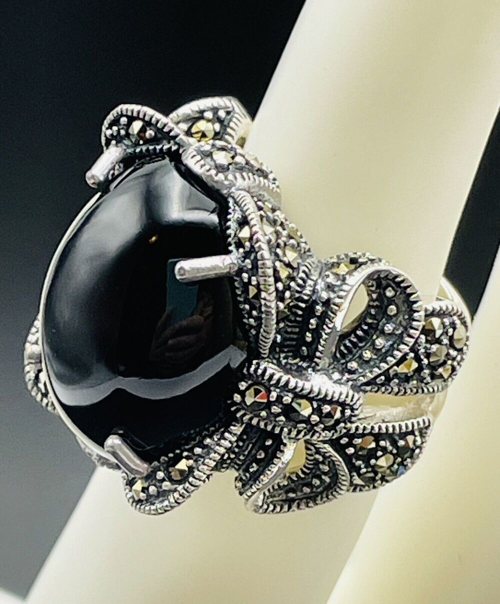 Chunky Sterling Silver Bow Ring Black Onyx Marcasite Size 5 Heavy 925 New 15.71g
